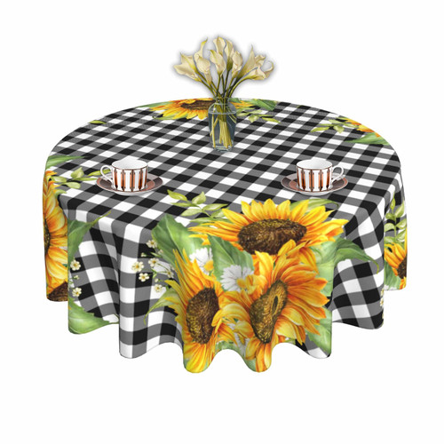 Pzoyubi Black and White Checkered Tablecloth Sunflower Tablecloth Round 60 Inch Flower Plaid Tablecloth Washable for Holiday Kitchen Dining Table Decor