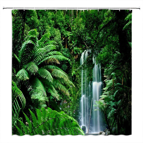 Rainforest Shower Curtain Tropical Jungle Forest Green Leaves Botanical Waterfall Nature Landscape Exotic Plants Polyester Curtains Bathroom Decor with Hooks 70wX70h Inch