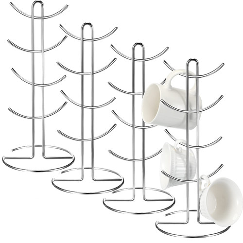 4 Pieces Mug Tree with 8 Holder Mug Holder Tree Rack Stainless Steel Coffee Cup Holder for Countertop Coffee Mug Rack Mug Organizer Mugs Tea Cup Storage Rack for Kitchen Bar Counter Accessory