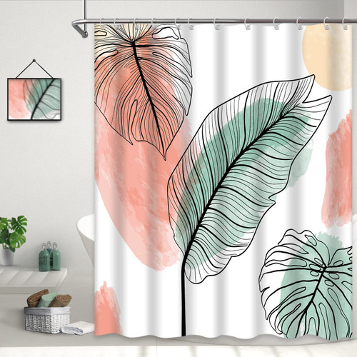 Thinyfull Boho Abstract Leaves Shower Curtain, Hawaii Mid Century Tropical Plant Minimalist Aesthetic Bathroom Decor Shower Curtain