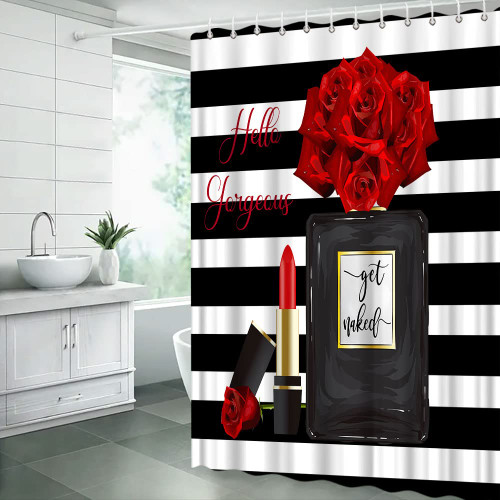 VPUPCN Perfume Shower Curtain Fashion Makeup Woman Girls Lipstick Flower Hello Gorgeous Modern Black White Stripes Romantic Polyester Curtains Bathroom Decor with Hooks 70wX70h Inch
