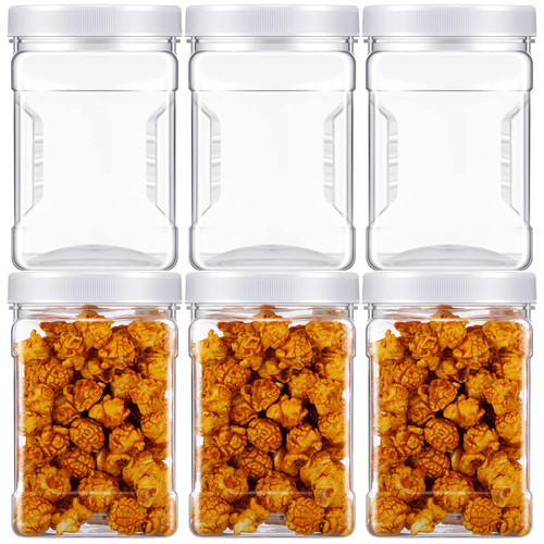 6 Pcs Half Gallon Square Plastic Containers with Lids 60.8 oz Clear Plastic Jars Plastic Storage Containers Grip Jars Large Mouth Square Canisters for Food Snack Kitchen