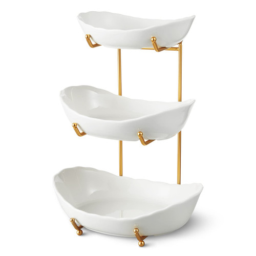 HOMKULA Fruit Bowl for Kitchen Counter - 3 Tier Ceramic Serving Bowls with Metal Stand, Tiered Fruit Basket for Fruit Vegetable Storage, Snack, Nuts, Cake, Dessert (Gold)