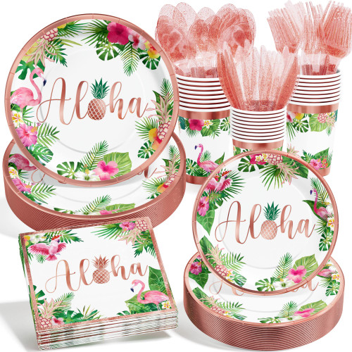 Ecomore Hawaiian Luau Birthday Party Decoration Supplies,175 PCS Tropical Disposable Dinnerware Set(25 Guest) Paper Plate Cup Napkin Plastic Fork Knives Spoon for Summer Holiday Beach Theme(Rose Gold)