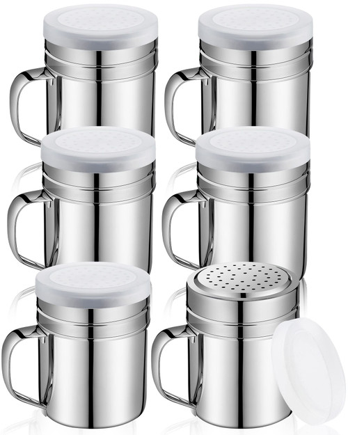 6 Pcs 10oz Stainless Steel Salt and Pepper Shakers with Lid and Handle Dredge Spice Shaker Seasoning Sugar Shaker Condiment Popcorn Salt Shaker Powder Sugar Flour Shaker for Cooking Kitchen Baking
