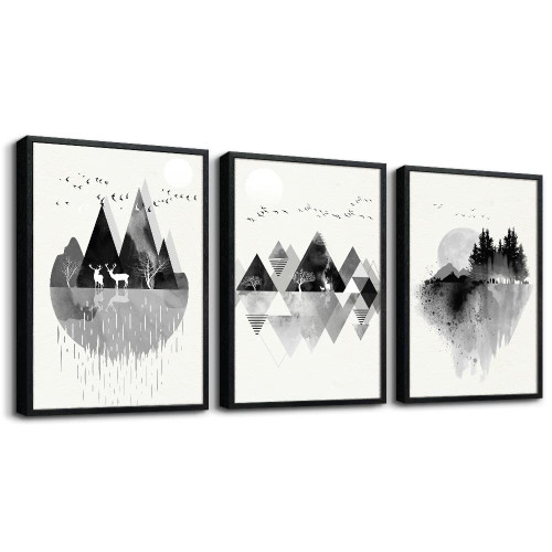 Black Framed Wall Art For Living Room Wall Decorations For Bedroom Home Decor Office Wall Decor Black And White Abstract Watercolor Painting Geometric Abstract Wall Pictures 3 Piece Framed Art Prints