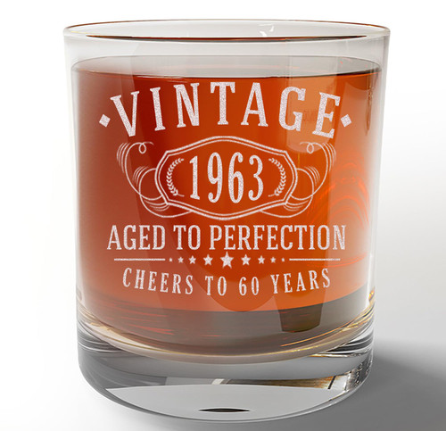 Vintage 1963 Etched Whiskey Glass - 60th Birthday Gifts for Men - Cheers to 60 Years old - 60th Birthday Decorations for Men - Scotch Bourbon Him Dad Women Anniversary Retirement 1.0