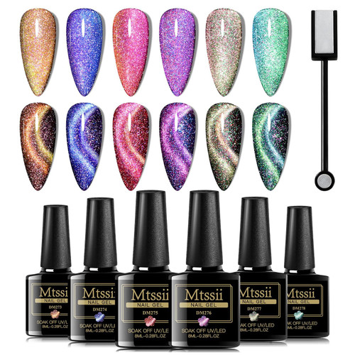 MTSSII Cat Eye Gel Nail Polish Set, 6 Colors Chameleon Cat Eye Gel Polish, Sparkle Magnetic Gel Polish Kit, Soak Off UV Gel Polish Kit with Magnet Stick for Home DIY Manicure Nail Salon MTSSII Cat Eye Gel Nail Polish Set, 6 Colors Chameleon Cat Eye Gel Polish, Sparkle Magnetic Gel Polish Kit, Soak Off UV Gel Polish Kit with Magnet Stick for Home DIY Manicure Nail Salon