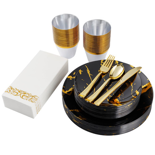 210 Piece Black and Gold Dinnerware Set for 30 Guests, Plastic Plates Disposable for Party, Include: 30 Dinner Plates, 30 Dessert Plates, 30 Paper Napkins, 30 Cups, 30 Gold Plastic Silverware Set 210 Piece Black and Gold Dinnerware Set for 30 Guests, Plastic Plates Disposable for Party, Include: 30 Dinner Plates, 30 Dessert Plates, 30 Paper Napkins, 30 Cups, 30 Gold Plastic Silverware Set
