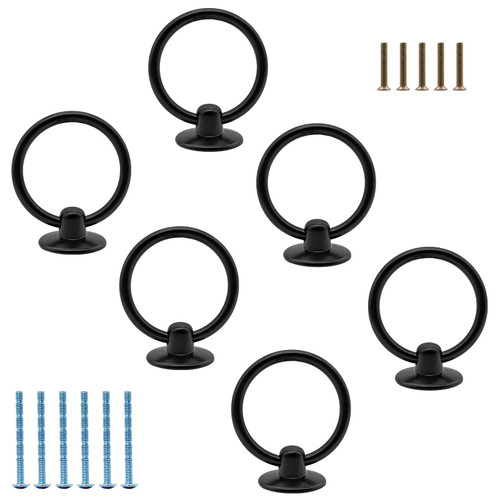 Luomorgo 6 Pcs Matte Black Ring Pull Handle Knobs, Modern Dresser Drawer Pulls for Kitchen Cabinet Cupboard Chest Metal Drawer Drop Ring Pulls