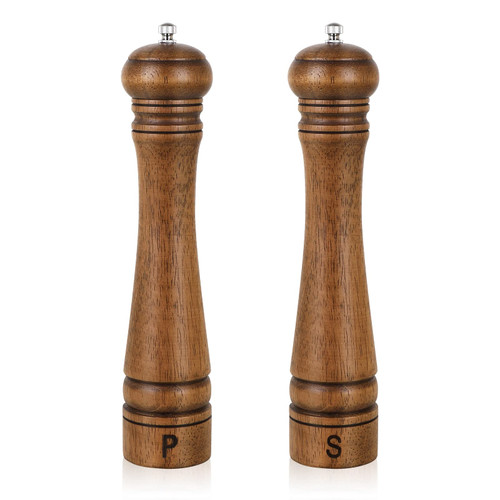Pack of 2 Wood Pepper Grinder Set, 10 Inch Salt Mill And Pepper Grinder Set, Pepper Mill, Salt Shakers with Adjustable Ceramic Rotor - Oak Wood Pepper Grinder And Salt Mill for Your Kitchen