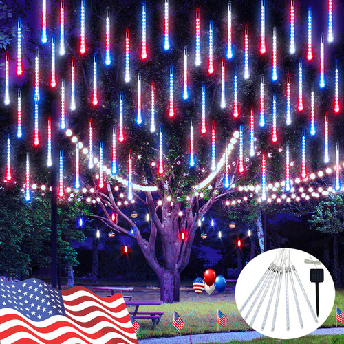 JMEXSUSS Red White and Blue Solar Lights 8 Tube 144 LEDs Patriotic Solar Meteor Shower Lights Waterproof, 4th of July Lights for Independence Day, Gardens, Tree, Outdoor 4th of July Decorations