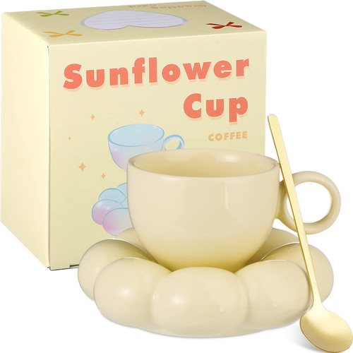 Ceramic Coffee Mug with Sunflower Coaster Coffee Spoons 7 oz Cute Mugs Creative Coffee Milk Tea Mug Home Office Reusable Novelty Coffee Mugs for Kitchen Table Tea Milk (Yellow, 1 Set)
