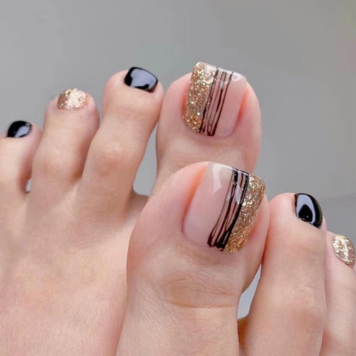 QINGGE Press on Toenails Nude Black Square Fake Toenails with Black Line Gold Glitter Design Fake Nails Actylic Toe Nails for Women Glossy Toe Nail Tips Glue on ToeNails 24 pcs