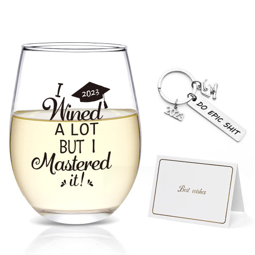 Modwnfy Graduation Gifts, I Wined A Lot, But I Mastered It Stemless Wine Glass with Key Chain and Card, College Graduation Gifts for Her Him Men Women Friends University Graduate Master MBA, 17 OZ