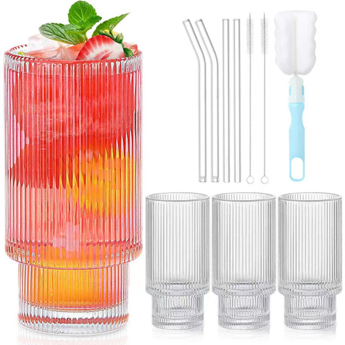 Catsayer Ribbed Glassware, Drinking Glasses with Straws Set of 4 Vintage Glassware Glass Cup Elegant Iced Coffee Cups for Cocktail Whiskey Beer Juice Water