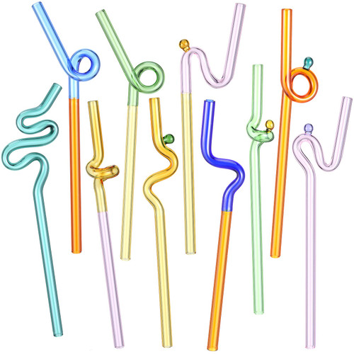 10 Pcs Twists Glass Straws Crazy Straws Transparent Colored Straws Cute Reusable Glass Straws Silly Straws for Drinking Beverages Coffee Drinks (Cool)