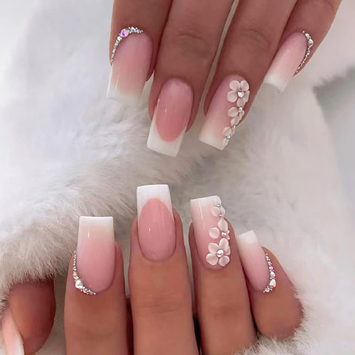 Medium Square Press on Nails French Tip Fake Nails Pink Full Cover False Nails with Flower and Rhinestones Designs Spring Glue on Nails Glossy Stick on Nails for Women and Girls 24Pcs
