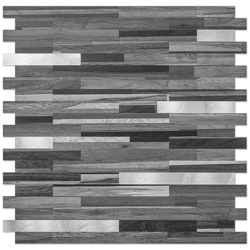 DICOFUN Peel and Stick Backsplash Tile, Black & Grey Wood Look PVC Mixed Metal Stick on Backsplash Tiles for Kitchen