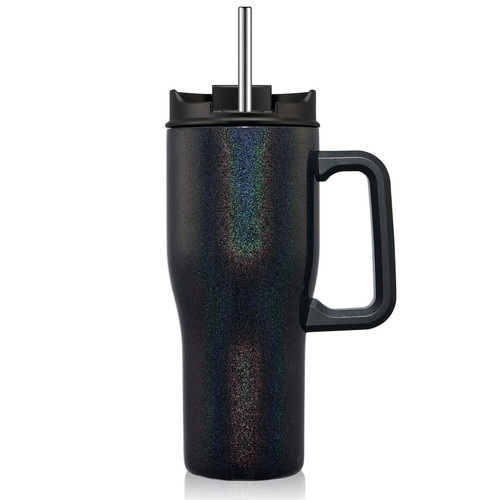 CIVAGO 30 oz Insulated Tumbler with Large Handle, Stainless Steel Travel Coffee Mug with Lid and Straw, Double Wall Vacuum Water Bottle Cup, Leakproof, Black Glitter