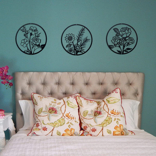 DUOOLN 3 Pieces Metal Flowers Wall Arts Minimalist Plant Wall Decor, Metal Wall Art Black Metal Flower Sculptures Hanging, Natural Themed Garden Wall Decors for Home Bedroom Dining Room Outdoor Decors.