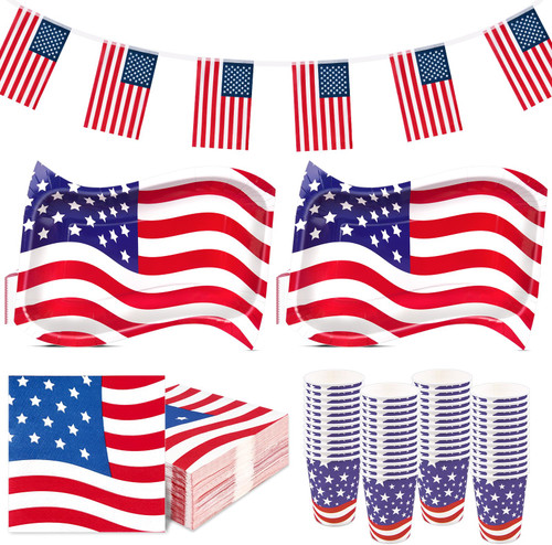 EPHYO 200PCS 4th of July Plates and Napkins Sets Patriotic American Flag Party Decorations Supplies Disposable Paper Cups Banners Independence Day Veterans Day Heavy Duty Dinner Dessert Food Tray