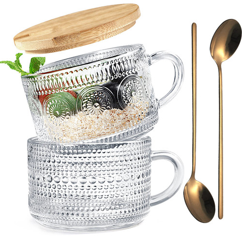 2 Pcs Vintage Coffee Mugs, Overnight Oats Containers with Lids and Spoons, 14oz Glass Clear Tea Cups, Drinking Glasses, Iced Coffee Cups, Cute Coffee Bar Accessories, for Cappuccino, Tea, Latte, Gift
