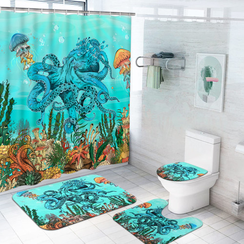 Ikfashoni 4 Pcs Octopus Nautical Shower Curtain Sets with Rugs, Toilet Lid Cover and Bath Mat, Ocean Kraken Tentacle Shower Curtain with 12 Hooks, Jellyfish Sea Animal Shower Curtains for Bathroom