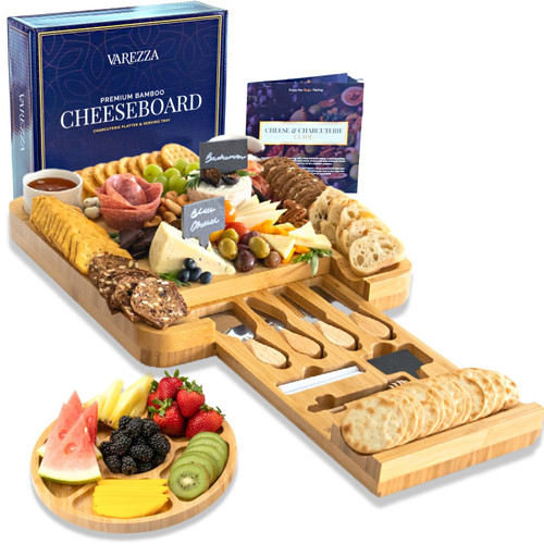 VAREZZA Extra Large Charcuterie Boards Set: Bamboo Cheese Board and Knife Set - Cheese Tray, Round Bamboo Fruit Cheese Platter, 10 Charcuterie Boards Accessories, House Warming Gifts New Home - Unique VAREZZA Extra Large Charcuterie Boards Set: Bamboo Cheese Board and Knife Set - Cheese Tray, Round Bamboo Fruit Cheese Platter, 10 Charcuterie Boards Accessories, House Warming Gifts New Home - Unique