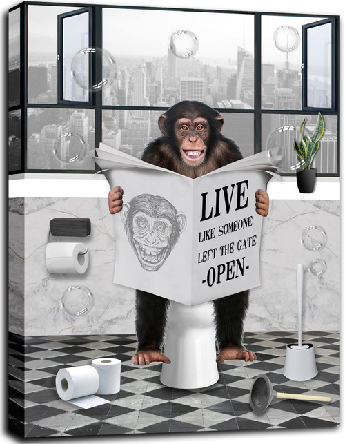 PIMULSAA Funny Chimp Sitting in Toilet Reading Newspaper Poster Canvas Wall Art for Toilet Bathroom (Framed, 12"x16") PIMULSAA Funny Chimp Sitting in Toilet Reading Newspaper Poster Canvas Wall Art for Toilet Bathroom (Framed, 12"x16")