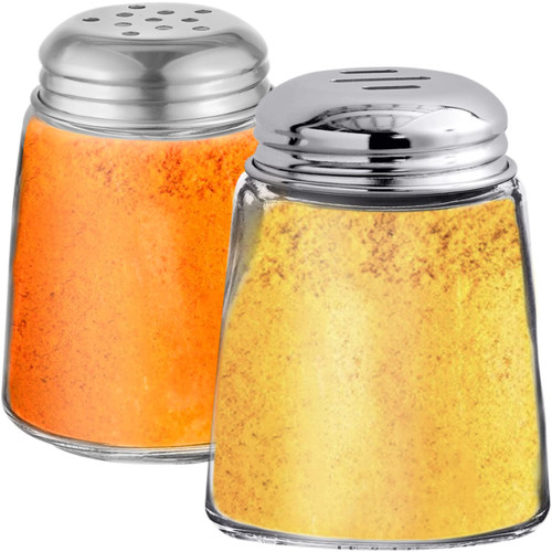 CUSINIUM 2-pack 8 oz Parmesan Cheese Shakers - Glass Cheese Shakers With Holes and Lids (Perforated + Slotted)