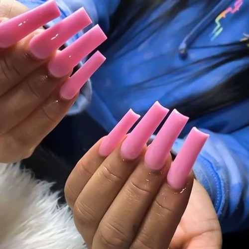 FOAMEE Press on Nails Long Pink Square Fake Nails with Designs Acrylic Glossy Glue on Nails for Women