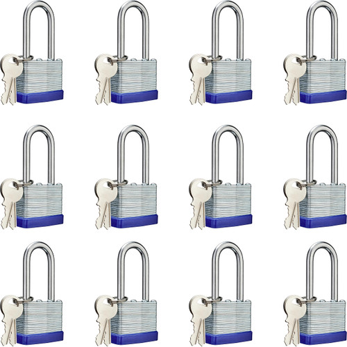 AOSRUM Lock Outdoor Padlocks, Laminated keyed Padlock, 1-9/16 in Wide Body, Padlock Set with Keys, Long Shackle (12Pack)