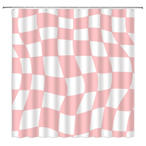 Pink Checkered Shower Curtain Retro Funky Groovy Aesthetic Abstract Checkerboard 60s 70s Plaid Hippie Home Decor Fabric Bathroom Curtain Set with Hooks(70" WX70 H)