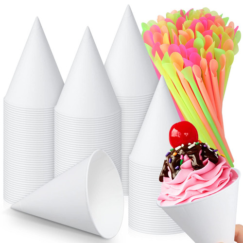 Eaasty 600 Pcs Snow Cone Cups and Straws Cone Cups 4.5 oz Spoon Straws Disposable Cone Paper Cups Straw Spoon for Slush Shaved Ice Cream Sorbet Water (White)