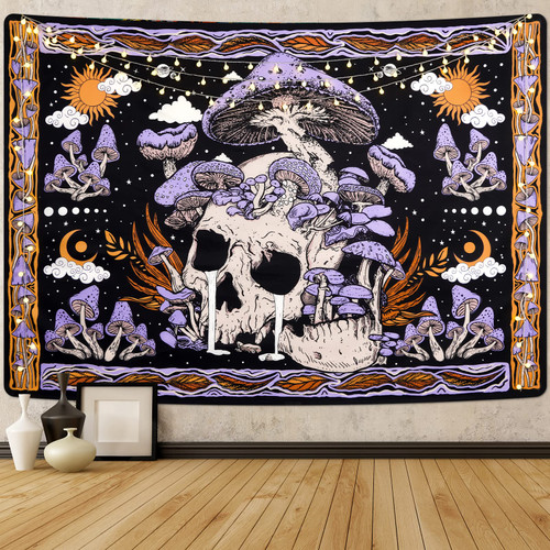Uspring Mushroom Tapestry Skull Wall Tapestries Trippy Skeleton Tapestry Leaves Tapestry Hippie Large Purple Tapestry for Bedroom, Tapestry Wall Hanging for Room (70.9 x 92.5 inches)