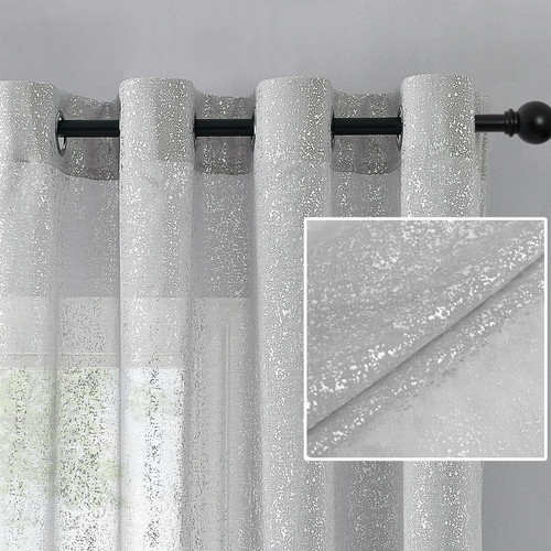 TERLYTEX Silver Curtains for Bedroom, Metallic Silver Foil Spots Printed Sheer Sparkle Curtains 63 Inch Length, Light Filtering Grommet Silver Sheer Curtains 2 Panels Set, 52 x 63 Inch, Silver Grey