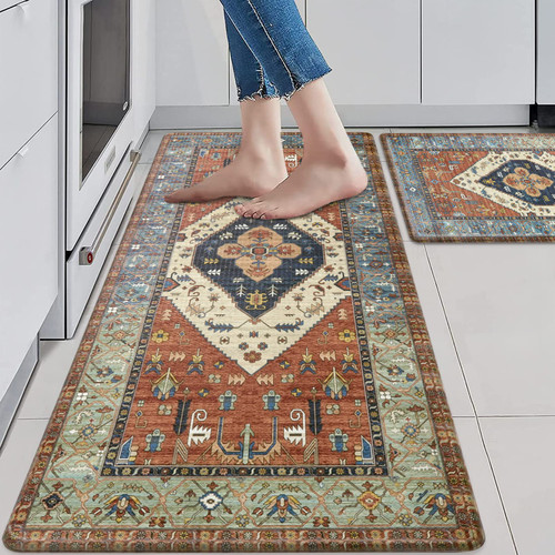 KIMODE Farmhouse Kitchen Mats,Anti Fatigue Kitchen Rugs Sets of 2, Non Slip Waterproof Kitchen Floor Mats, Ergonomic Cushioned Comfort Standing Mat for Laundry, Office, Sink,Desk,Persian Red