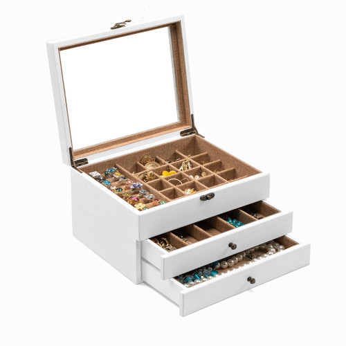 Emfogo Jewelry Box with Glass Lid, Rustic Style Wood Jewelry Boxes, 3 Layer Jewelry Organizer Box Display for Rings Earrings Necklaces Bracelets (Weathered White) Emfogo Jewelry Box with Glass Lid, Rustic Style Wood Jewelry Boxes, 3 Layer Jewelry Organizer Box Display for Rings Earrings Necklaces Bracelets (Weathered White)