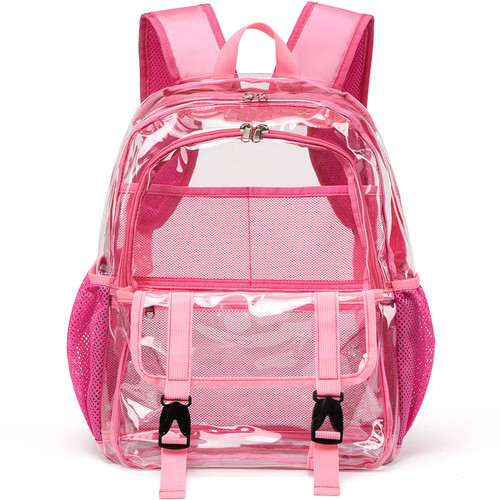 KUI WAN Clear Backpack, Large Clear Bag Heavy Duty PVC Transparent Clear Bag for Stadium,School,Pink