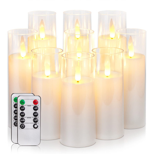 Homemory Pure White Flameless Candles, Battery Operated Candles with Remote Control and Timer, LED Pillar Candle, Fake Electric Candles, Acrylic, Set of 9 Homemory Pure White Flameless Candles, Battery Operated Candles with Remote Control and Timer, LED Pillar Candle, Fake Electric Candles, Acrylic, Set of 9