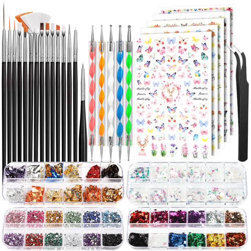 Nail Art Kit, FANDAMEI Nail Art Brushes Set, Nail Art Dotting Tools, Nail Stickers, Butterfly Nail Art Sequins, Nail Foils, Nail Art Flakes Iridescent, Rhinestones For Nails Design