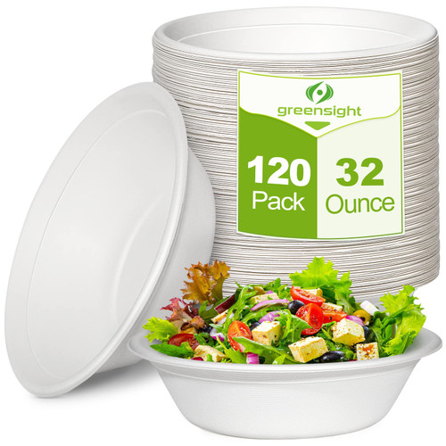 greensight Large Paper Bowls 32 oz, 120 Pack Compostable Bowls, Heavy Duty Paper Bowls, Disposable Bowls For Hot Soup, Salads,Cereals, White Bagasse Bowls