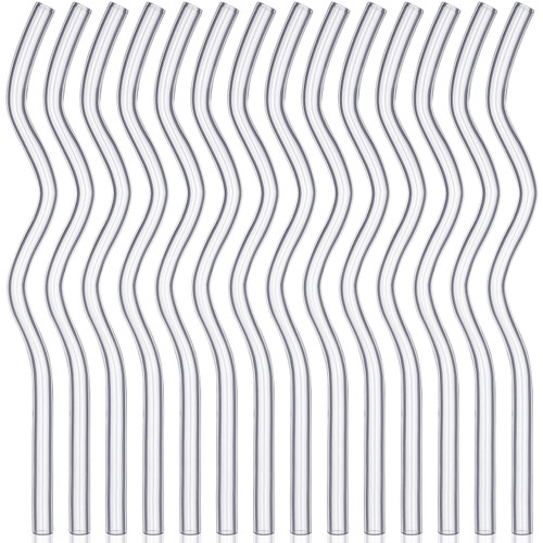 14 Pieces 8 x 200 mm Wavy High Borosilicate Transparent Glass Straws Cute Colored Glass Straws Fun Clear Hard Reusable Straws for Beverages, Coffee, Milk, Tea Straws Kids (White)