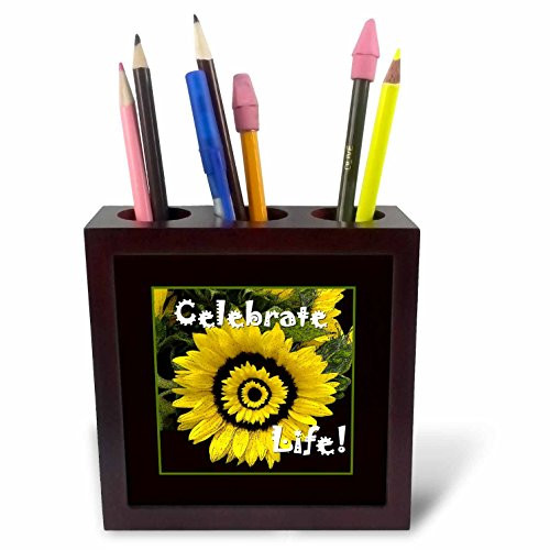 3dRose ph_33483_1 Yellow Sunflower Celebrate Life with Black Frame-Tile Pen Holder, 5-Inch