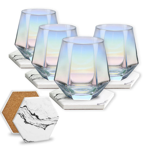 CUKBLESS Stemless Wine Glasses with Coasters for Drinks, 10 oz Iridescent Wine Glasses Set of 4, Diamond Shaped Drinking Glasses for Red or White Wine, Whiskey, Cocktail, Water, Gifts for Housewarming CUKBLESS Stemless Wine Glasses with Coasters for Drinks, 10 oz Iridescent Wine Glasses Set of 4, Diamond Shaped Drinking Glasses for Red or White Wine, Whiskey, Cocktail, Water, Gifts for Housewarming