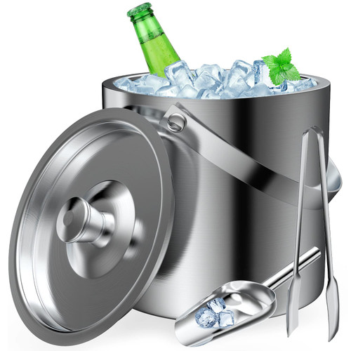 Ice Bucket 2L with Lid,Scoop,Tongs, Double Wall Insulated Stainless Steel Ice Bucket Wine Bucket for Cocktail Bar and Parties