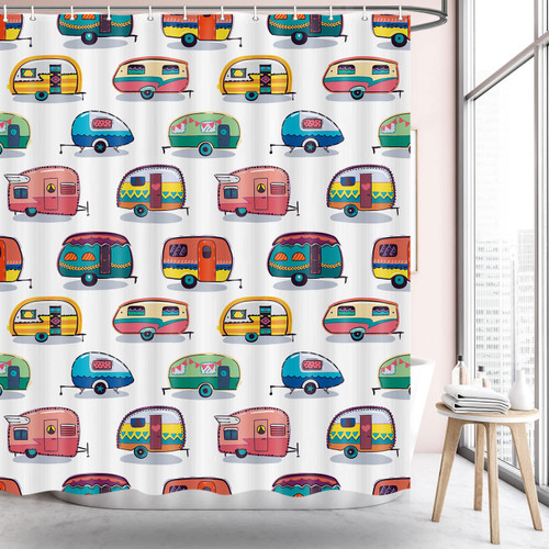 JAWO RV Shower Curtain for Camper Trailer Camping Bathroom, Retro RV Fun Camping, Happy Camper Stall Shower Curtain with Hooks Set, 69x70Inches