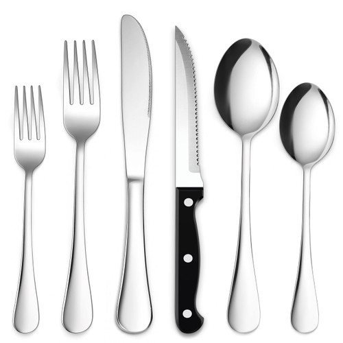Onader 24-Piece Silverware Set with Steak Knives Stainless Steel Cutlery Flatware Set for 4