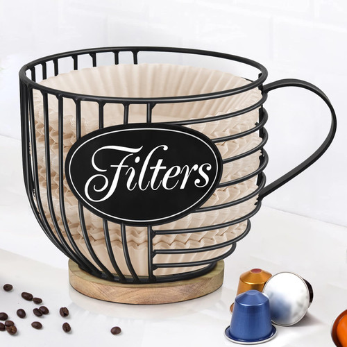 ANRXNCY Rustic Coffee Pod Holder, Coffee Bar Accessories Organizer for Coffee Bar Decor, Coffee Filter Holder Organizer Station, Coffee Filter Storage Container Basket, Black Wire With Wood Base ANRXNCY Rustic Coffee Pod Holder, Coffee Bar Accessories Organizer for Coffee Bar Decor, Coffee Filter Holder Organizer Station, Coffee Filter Storage Container Basket, Black Wire With Wood Base